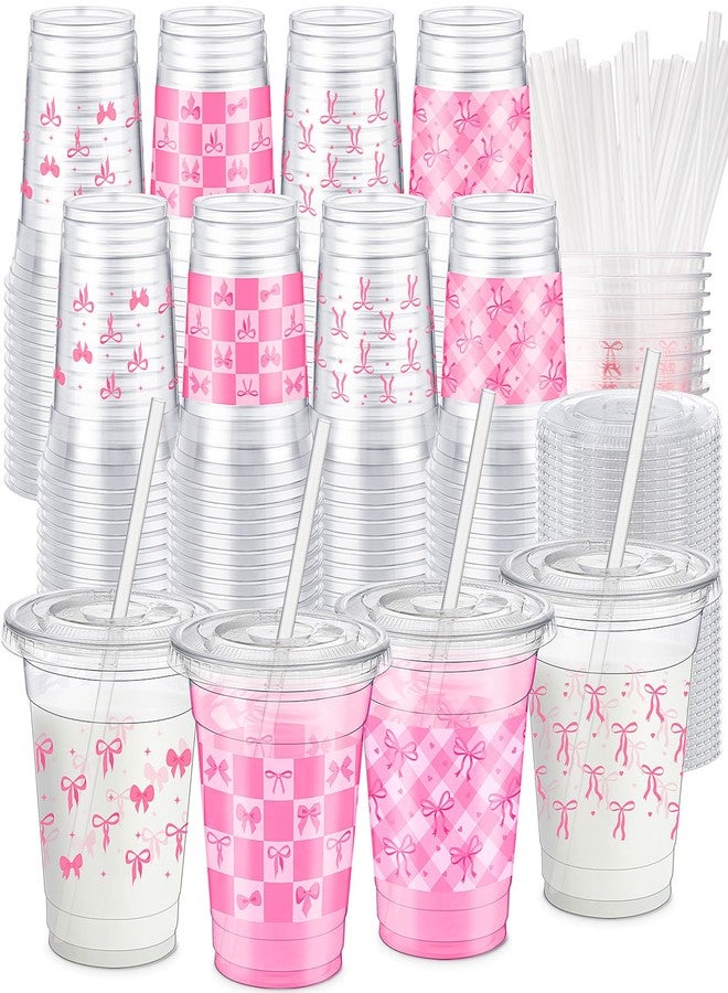 Jingmore 48 Sets Valentine Bow Cups Bulk, 12 oz Coquette Plastic Cups with Lids and Straws Disposable Bow Theme Party Decoration for Valentine Bridal Bachelorette Wedding Party Supplies (Pink) - Image 1